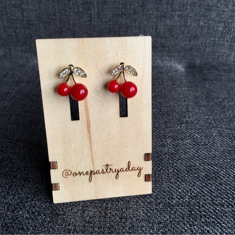 Red Cherry Earrings, Gold Rhinestone, Stud